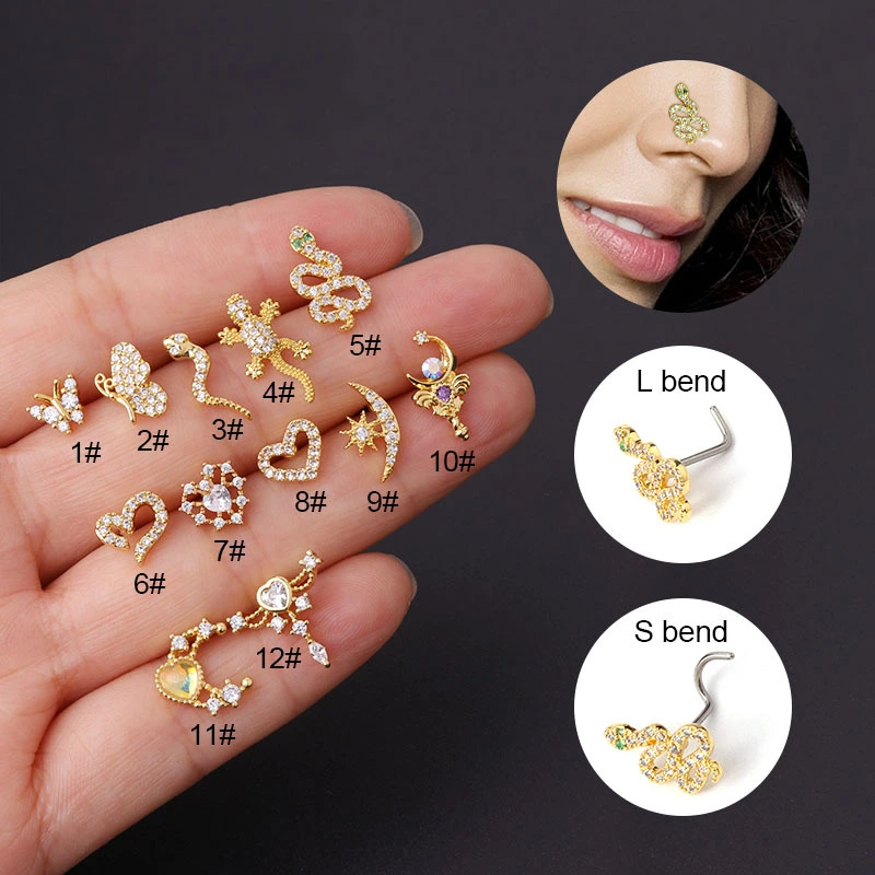 Titanium Screw Rod Zircon Nose Ring Piercing Jewelry