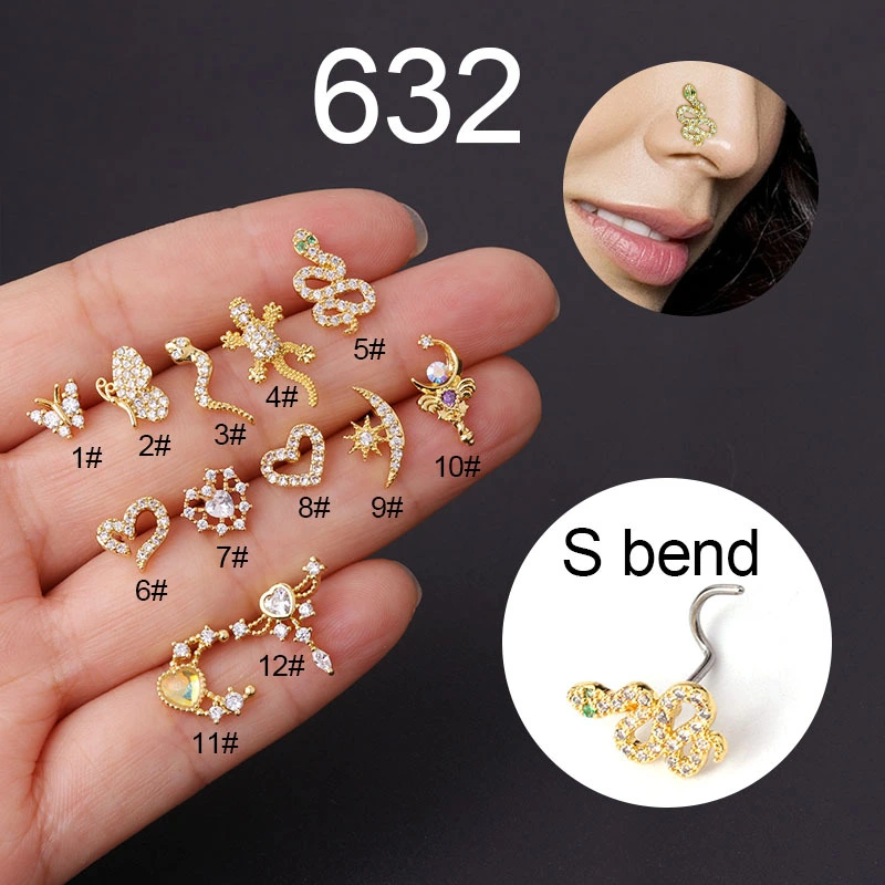 Titanium Screw Rod Zircon Nose Ring Piercing Jewelry