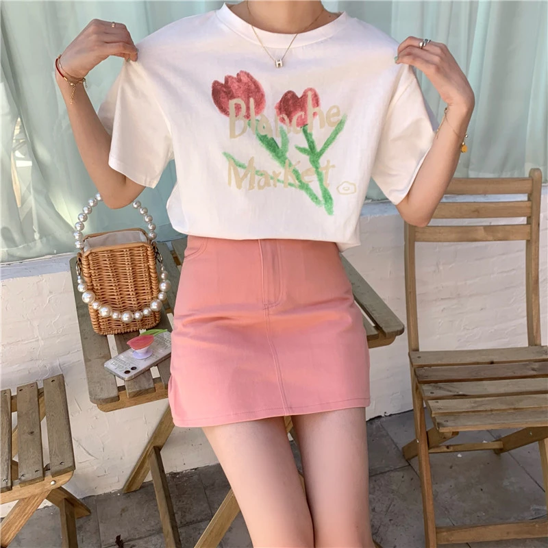 Women's New Ins Loose Tulip Printed Cotton Short Sleeve
