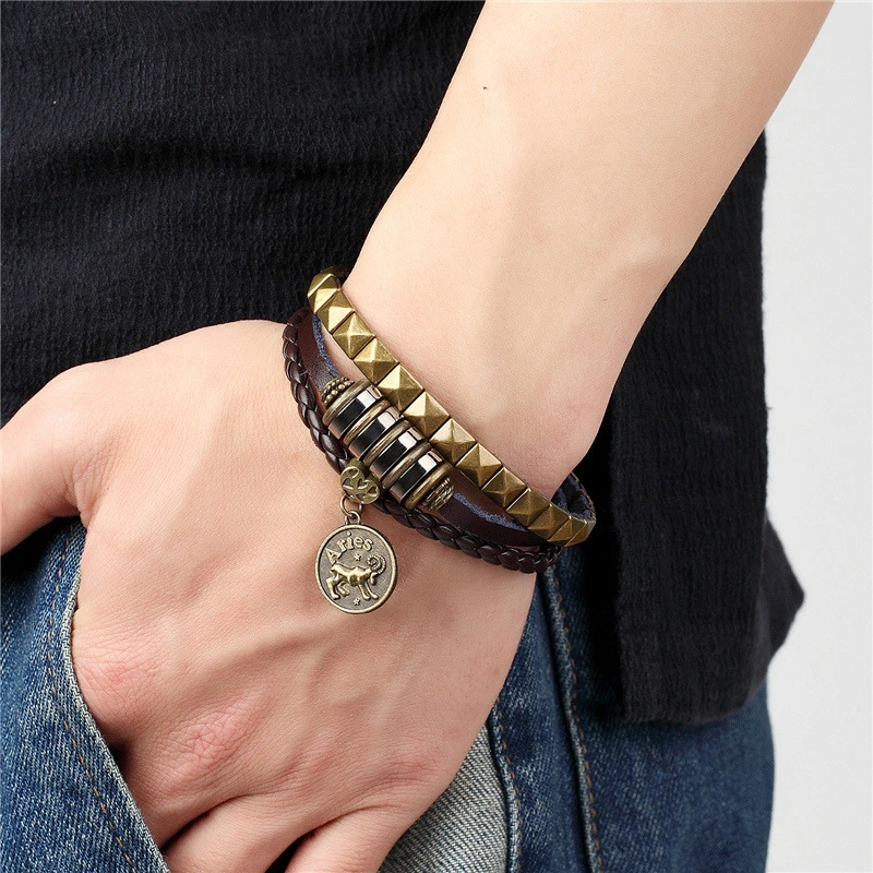 European And American Fashion 12 Constellation Trend Men's Bracelet Hand-woven Multi-layer Leather Metal Accessories