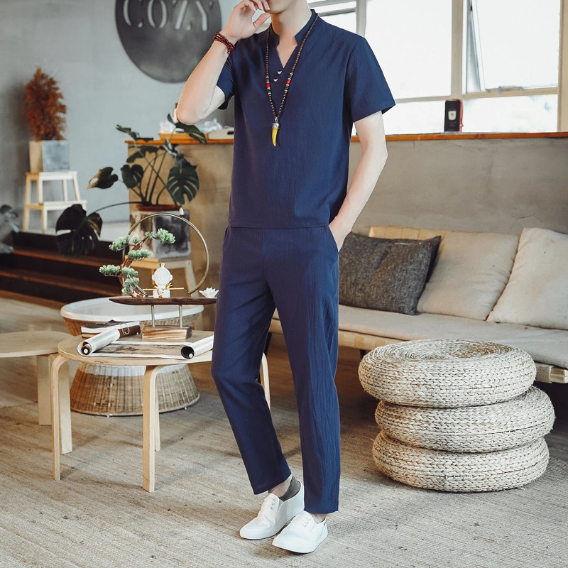 Summer New Linen Suit Men's Cotton And Linen Short Sleeved T Shirt