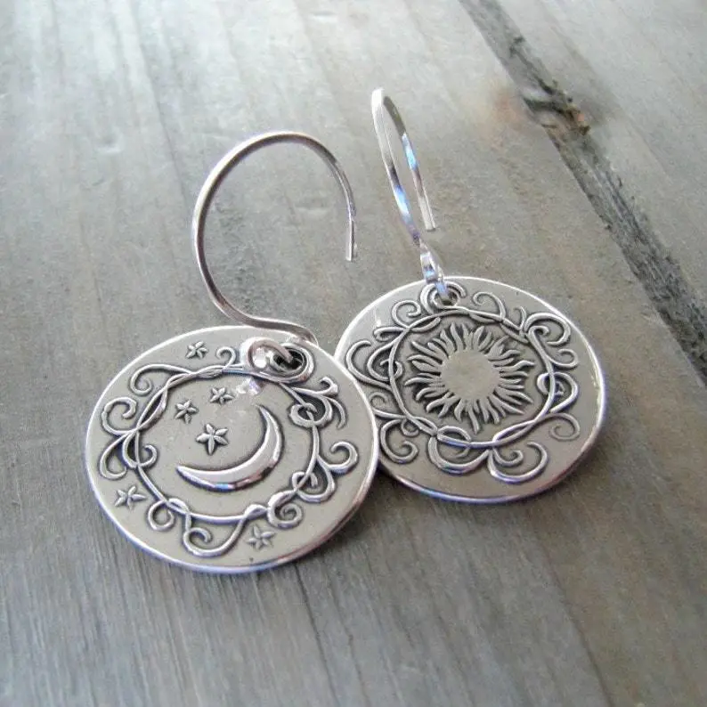 Retro Style Carved Alloy Electroplating Earrings Three-dimensional Moon Sun Flower