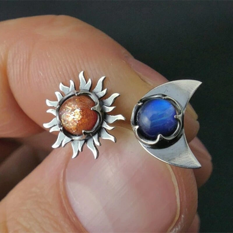 Sun Moon Jeweled Stud Earrings Vintage Fashion Boho