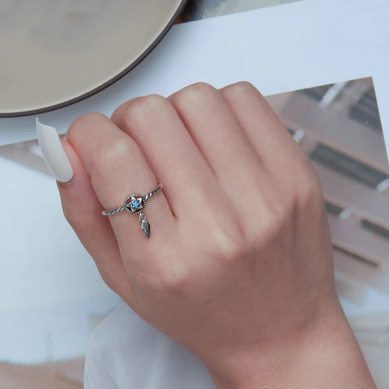 Blue Turquoise Simple Pentagram Feather Ring