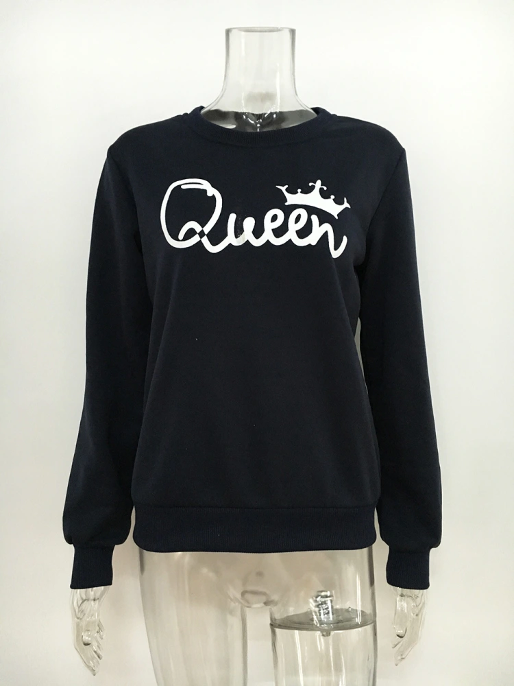Crown Letters Pattern Printed Long Sleeve Round-neck With Fleece Lining Women's Sweater