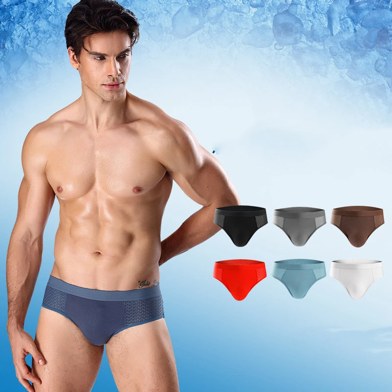 Men's Ice Silk Hollow Mesh Mid Waist Briefs