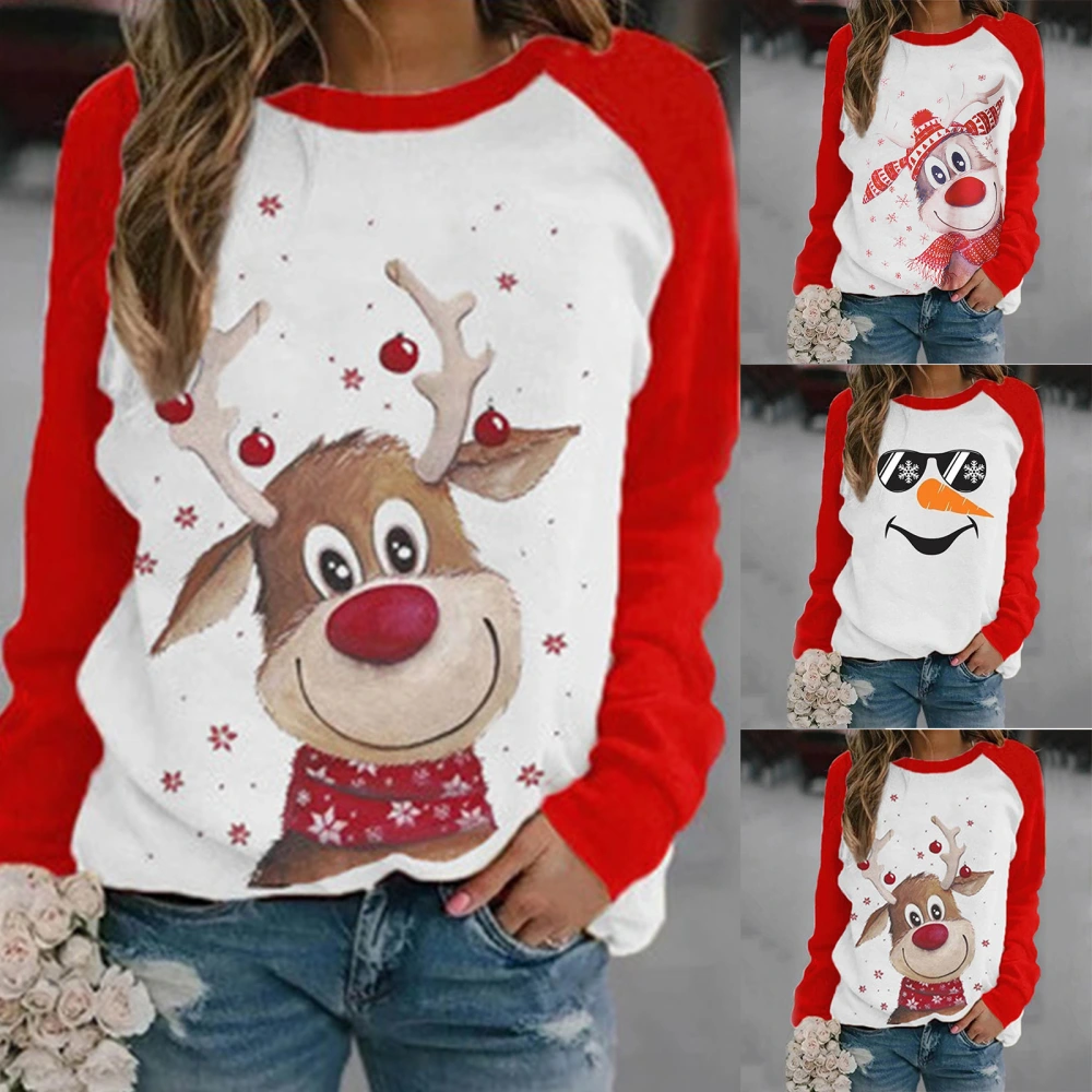 Christmas Snowman Fawn Print Long Sleeve Round Neck Pullover Loose Top Women