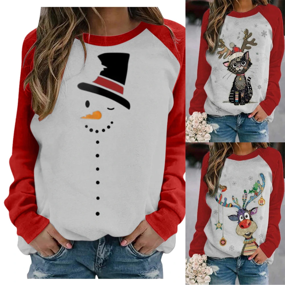 Christmas Snowman Fawn Print Crew Neck Loose Long Sleeve T-Shirt Women