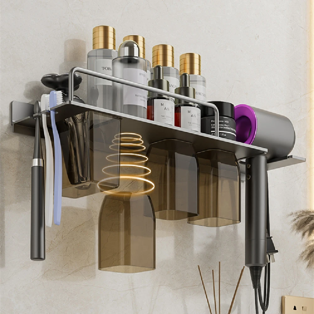 Hair Dryer And Toothbrush Holder Integrated Wall-mounted Bathroom Storage Rack