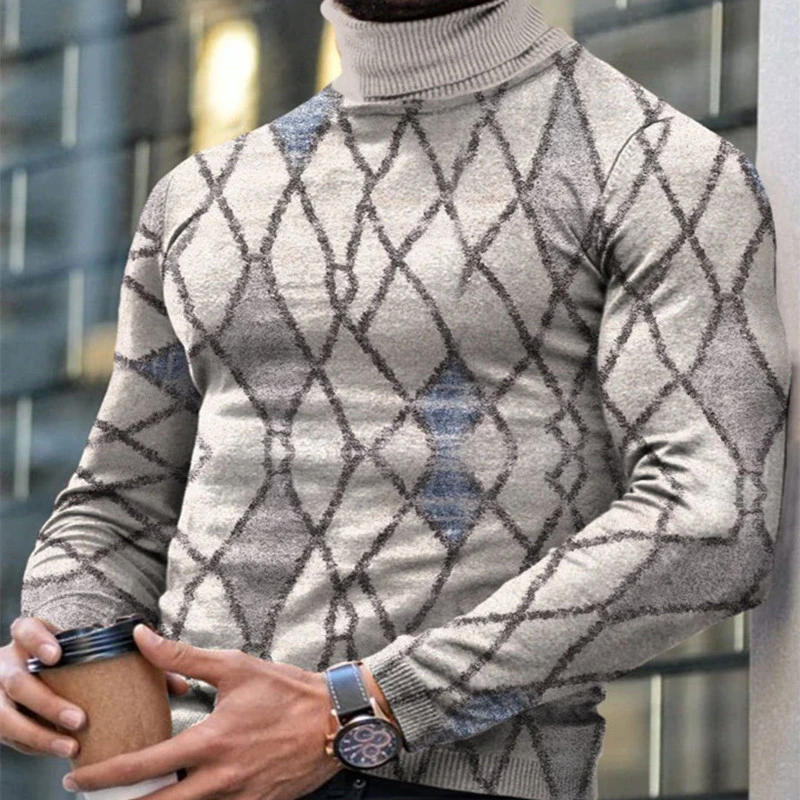 Autumn Winter Men's Long Sleeve Turtleneck T Shirt Printed Casual Top