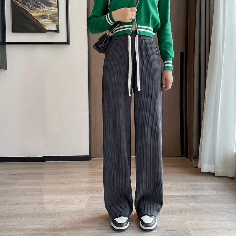 Women's Fashion Simple Solid Color Elastic Waist Tie Wide Leg Pants