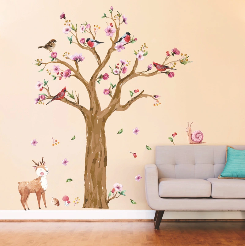 Watercolor Painting Trees Birds Deer Bedroom Living Room Wall Stickers