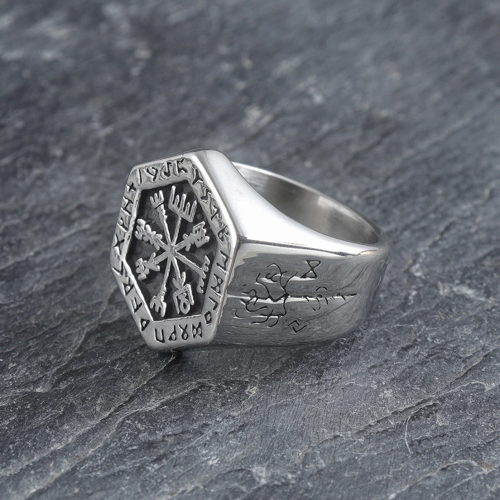 Vintage Hexagon Viking Compass Ring