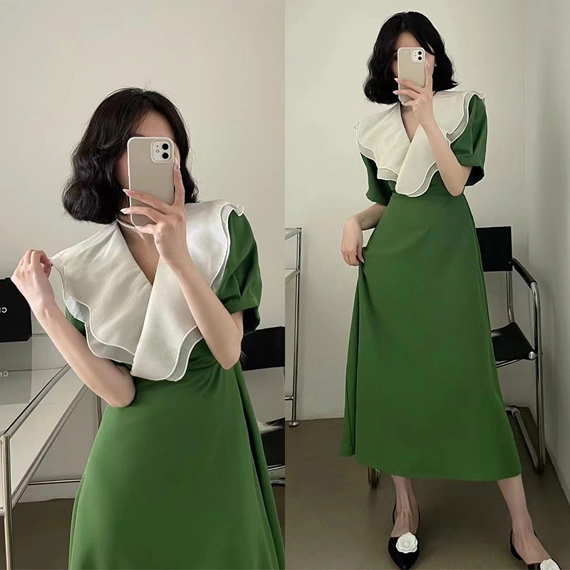 Summer French Retro High-grade Dress Tight Waist Slimming Sense Of Design Niche Ruffle Collar Dress