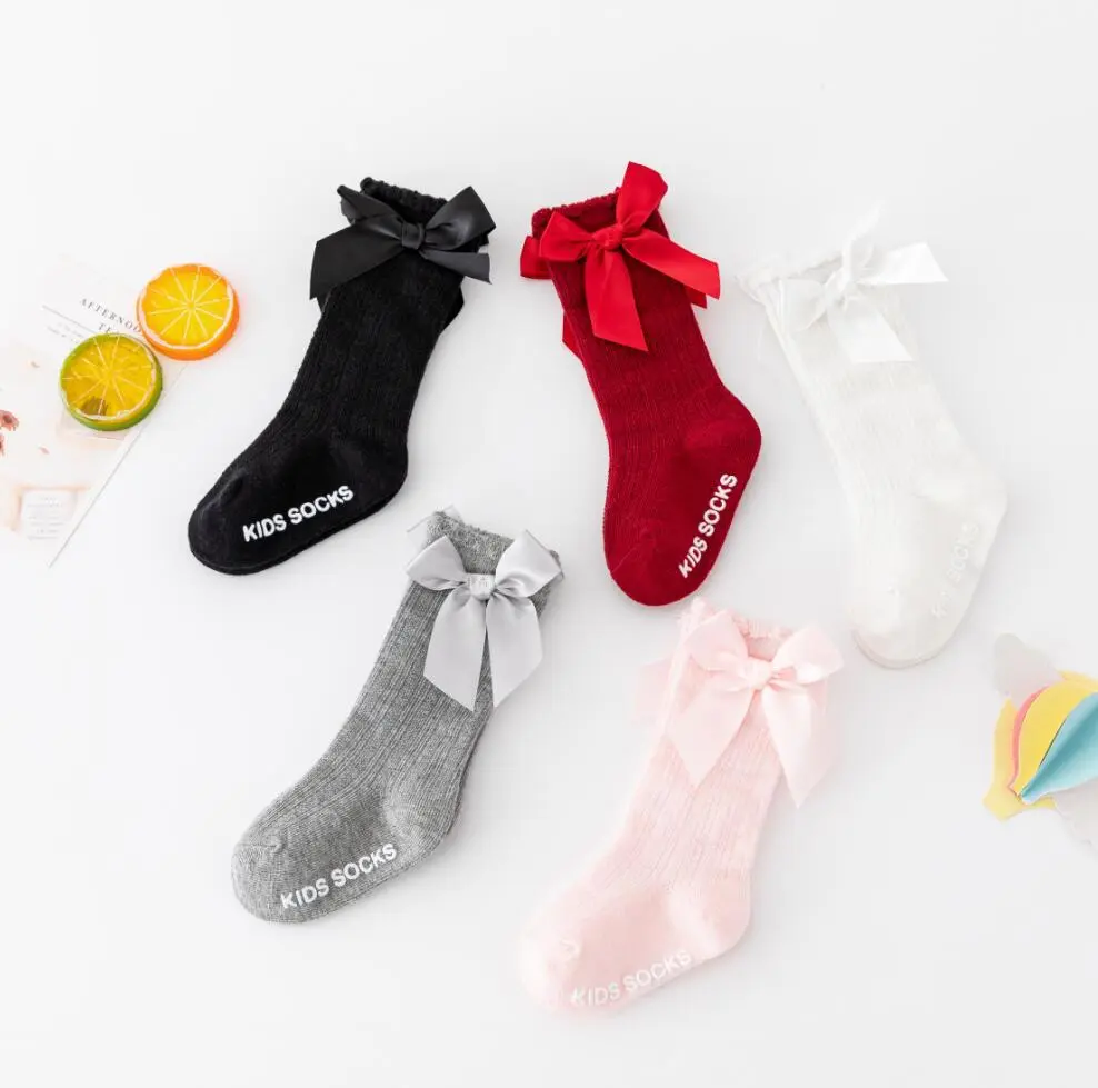 New Boys And Girls Solid Color Striped Stockings Pure Cotton Non-slip Bubble Mouth Baby Bow Tube Socks