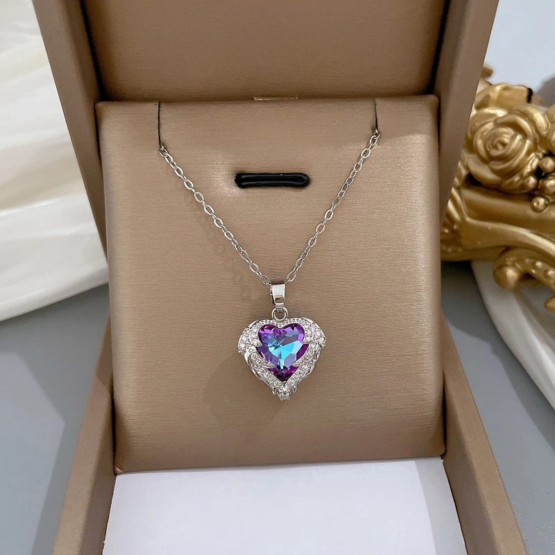 Blue Purple Diamond Wings Ocean Heart Love Necklace