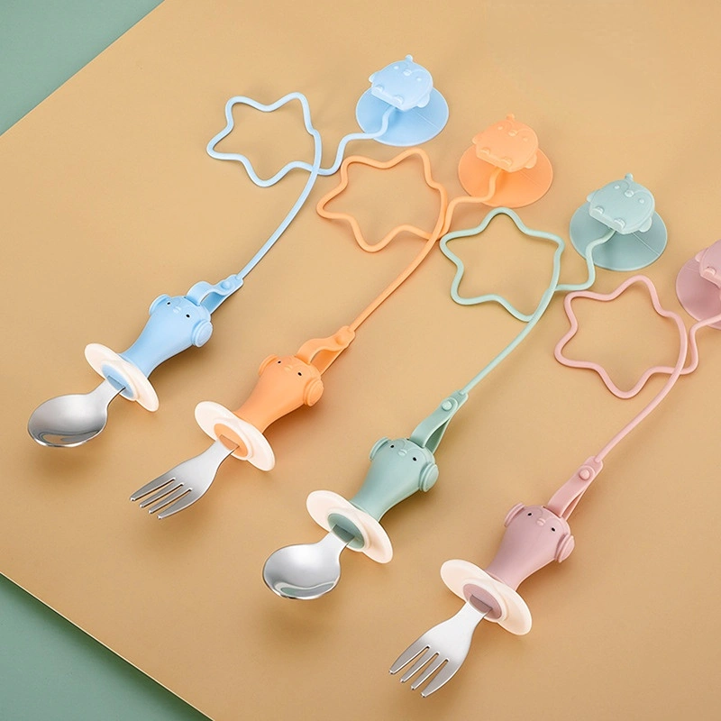 Infant Stainless Steel Training Spoon Fork Silicone Anti-drop Children's Spoon Suction Cup Anti-drop Chain