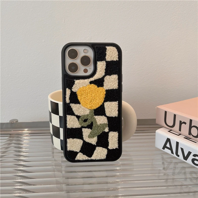 Autumn And Winter Plush Checkerboard Lattice Tulip Phone Case Soft Shell