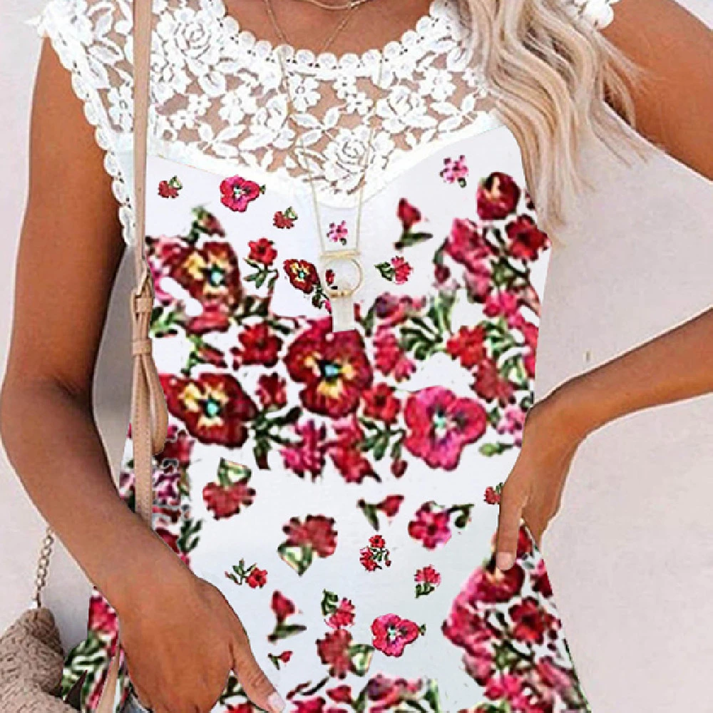 Summer Print Crew Neck Lace Trim Casual Loose Women's Tank Top