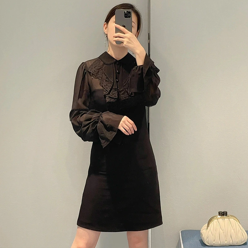 Black Long Sleeve Dress With Ruffle Neck And Flared