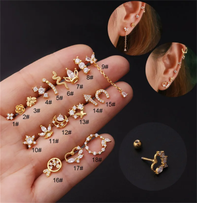 Stainless Steel Stud Zircon Pierced Earrings