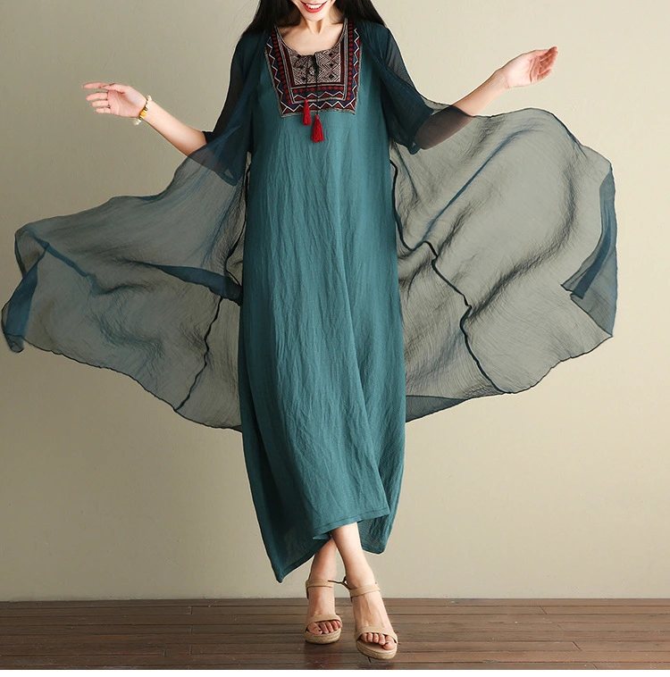 Collar Embroidered Silk Linen Large Size Loose Fake Two Piece Dress