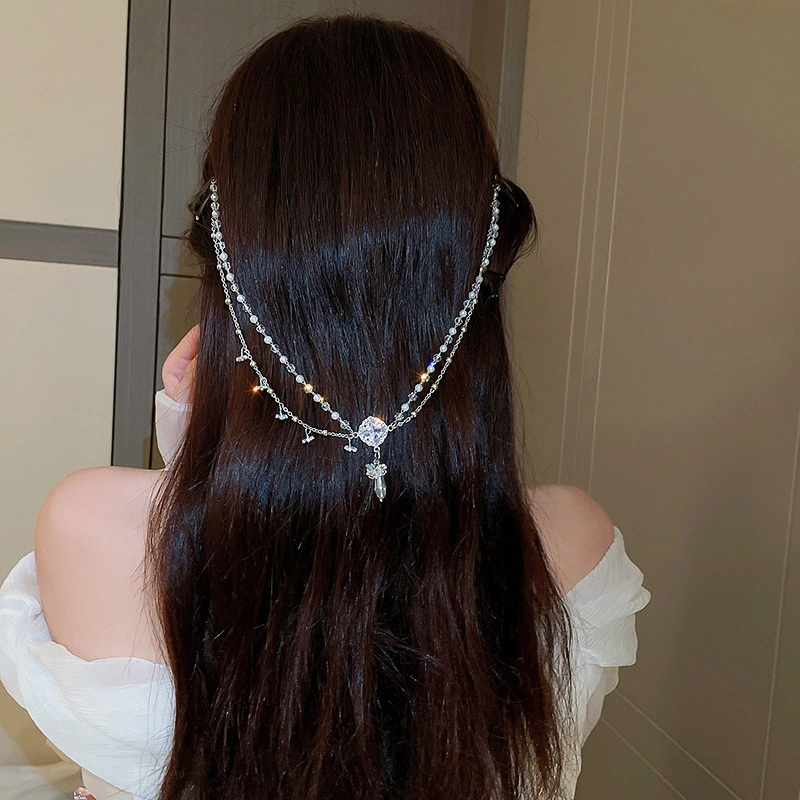 Pearl Crystal Water Drop Double Layer Hair Chain Personality