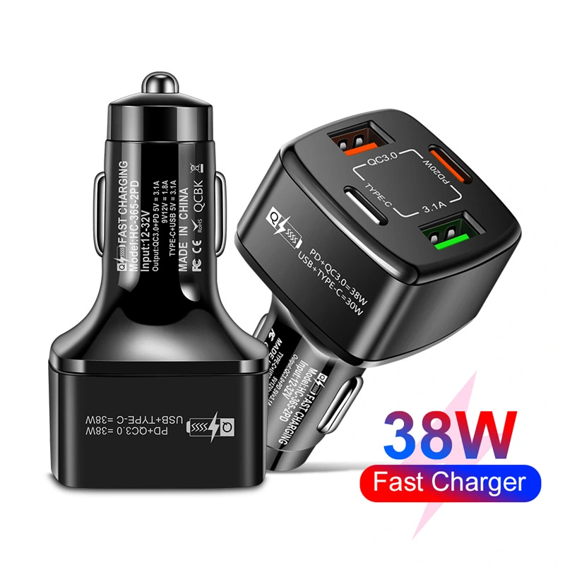 38W Multi-port Mobile Phone Charger 2USB PD Type-c Fast Charge QC30 Car Charger Type-c Cigarette Lighter 20W