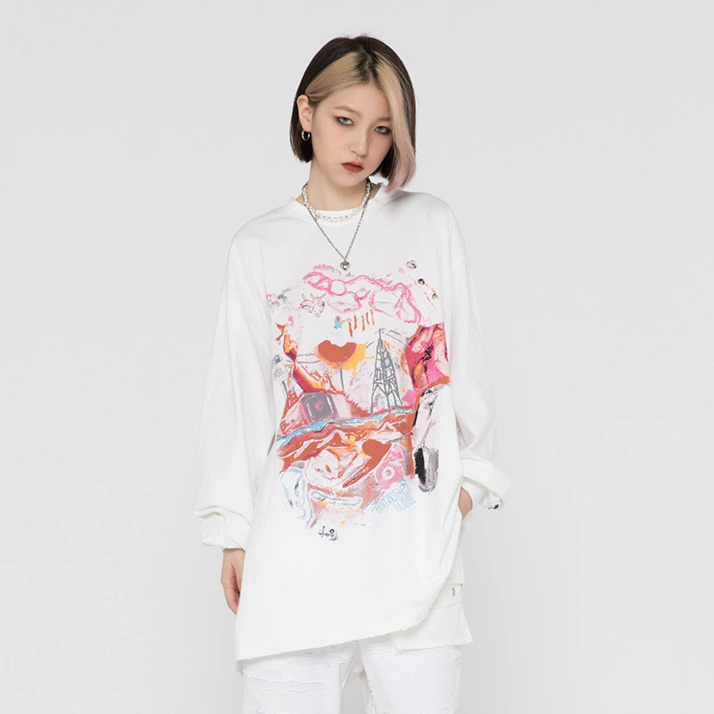 Dark Distressed Print Men's Loose Long Sleeve T-Shirt