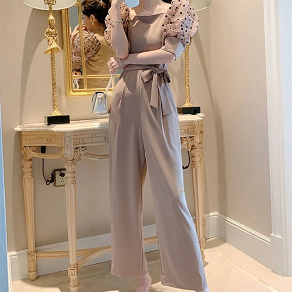 Temperament High Waist Puff Sleeve Wide Leg Pants Jumpsuit