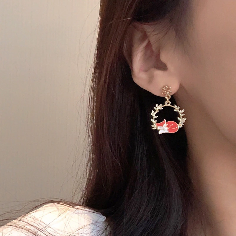 Cute Flower Red Little Fox Earrings