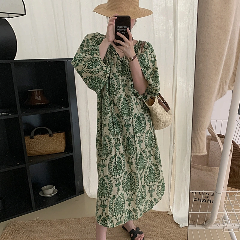 Round Neck Full Screen Floral Lace Loose Lantern Sleeve Dress