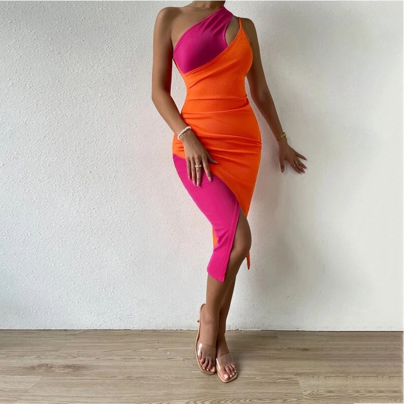 Fashion Women's Irregular Splicing Dress Slanted Shoulder Slit