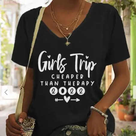 Summer Girls Trip Printed European And American Leisure Loose V-neck Women's T-shirt