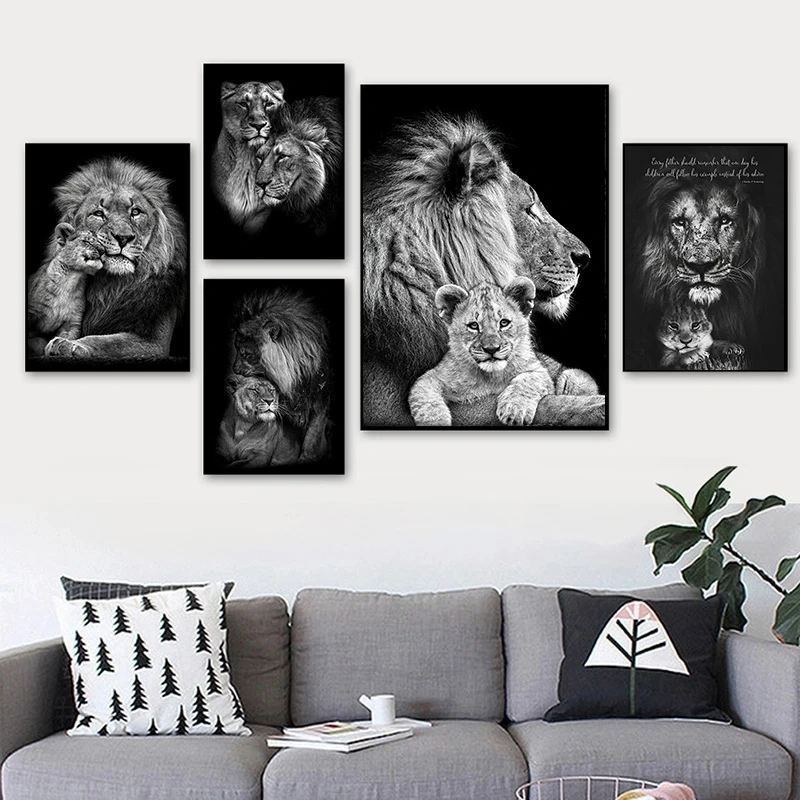 Black And White Lion Family Poster Canvas Print