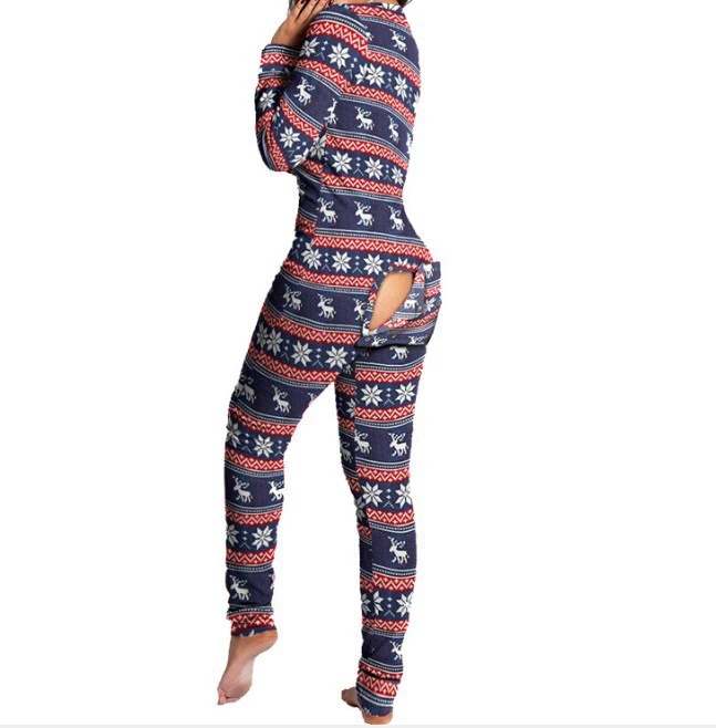 Button Flap V-Neck Print Christmas Long Sleeve Home Jumpsuit