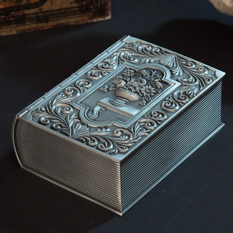 Metal Jewelry Box Book Shape Carved Classical