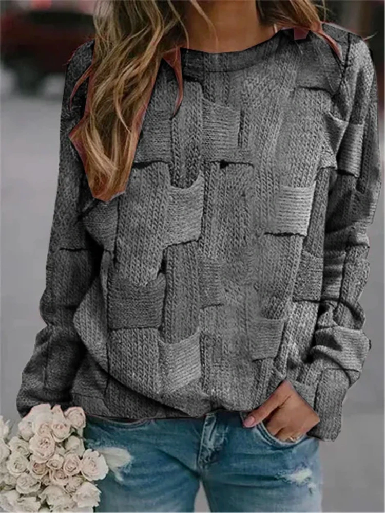 Long Sleeve Round Neck Printed Loose Pullover Sweater Women