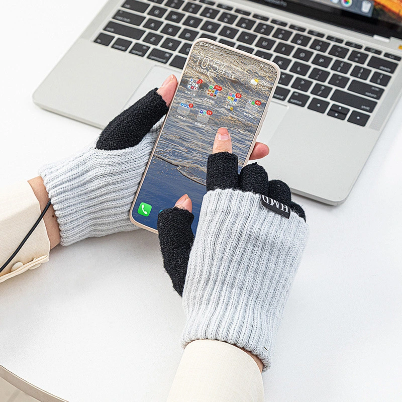 Half finger cute usb heating knitted gloves