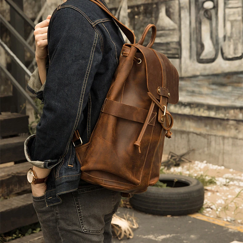 Men's Casual Travel Vintage Crazy Horse Leather Backpack