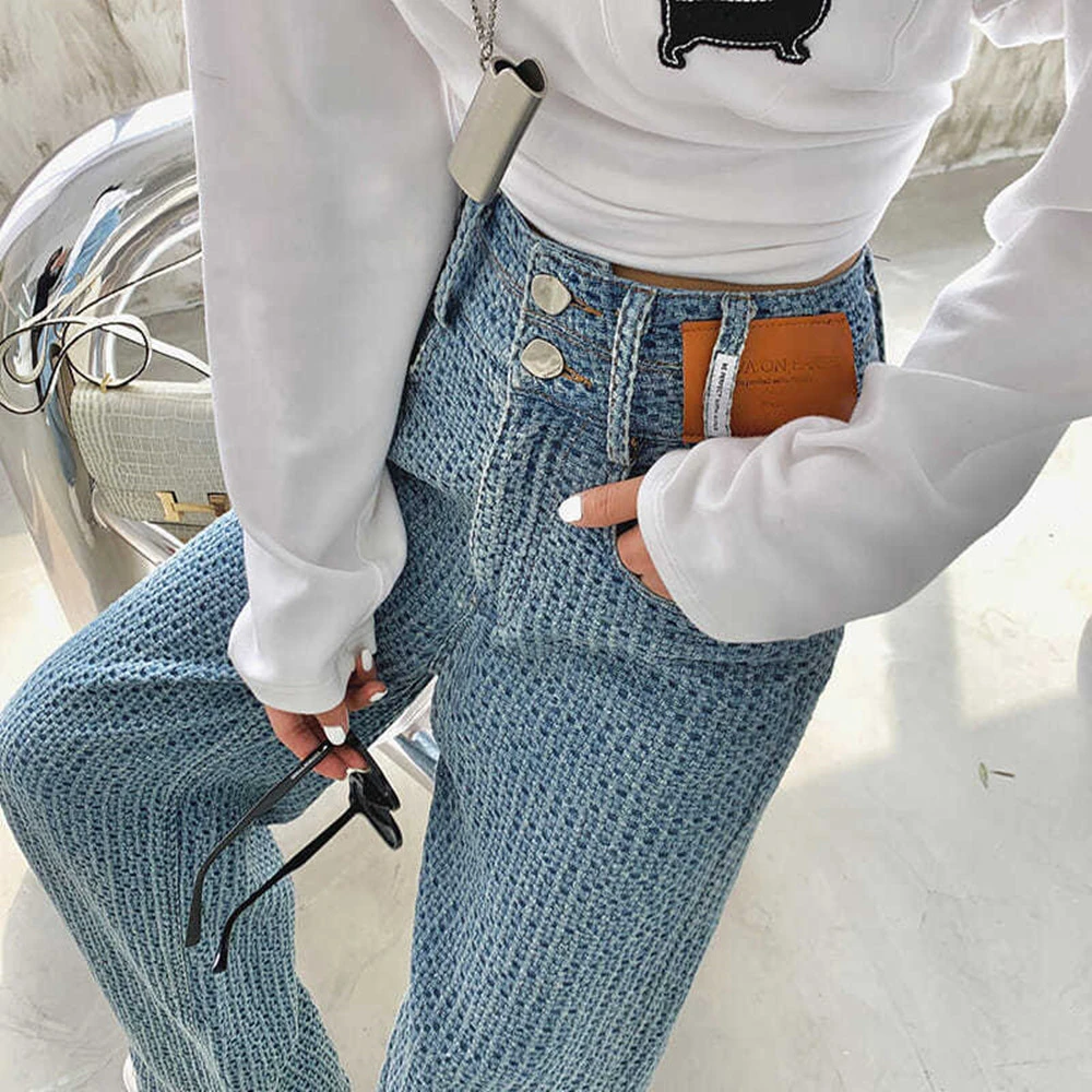 Light Blue High Waist Fashion Wide Leg Braided Jeans