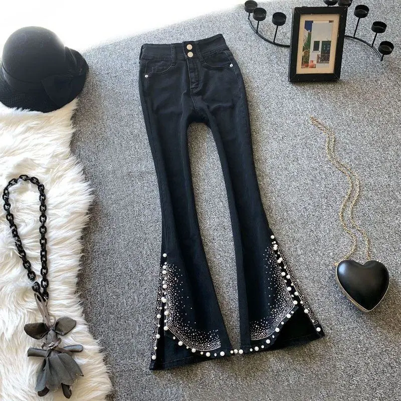 High Waist Slimming Diamond Beaded Slit Flared Trousers