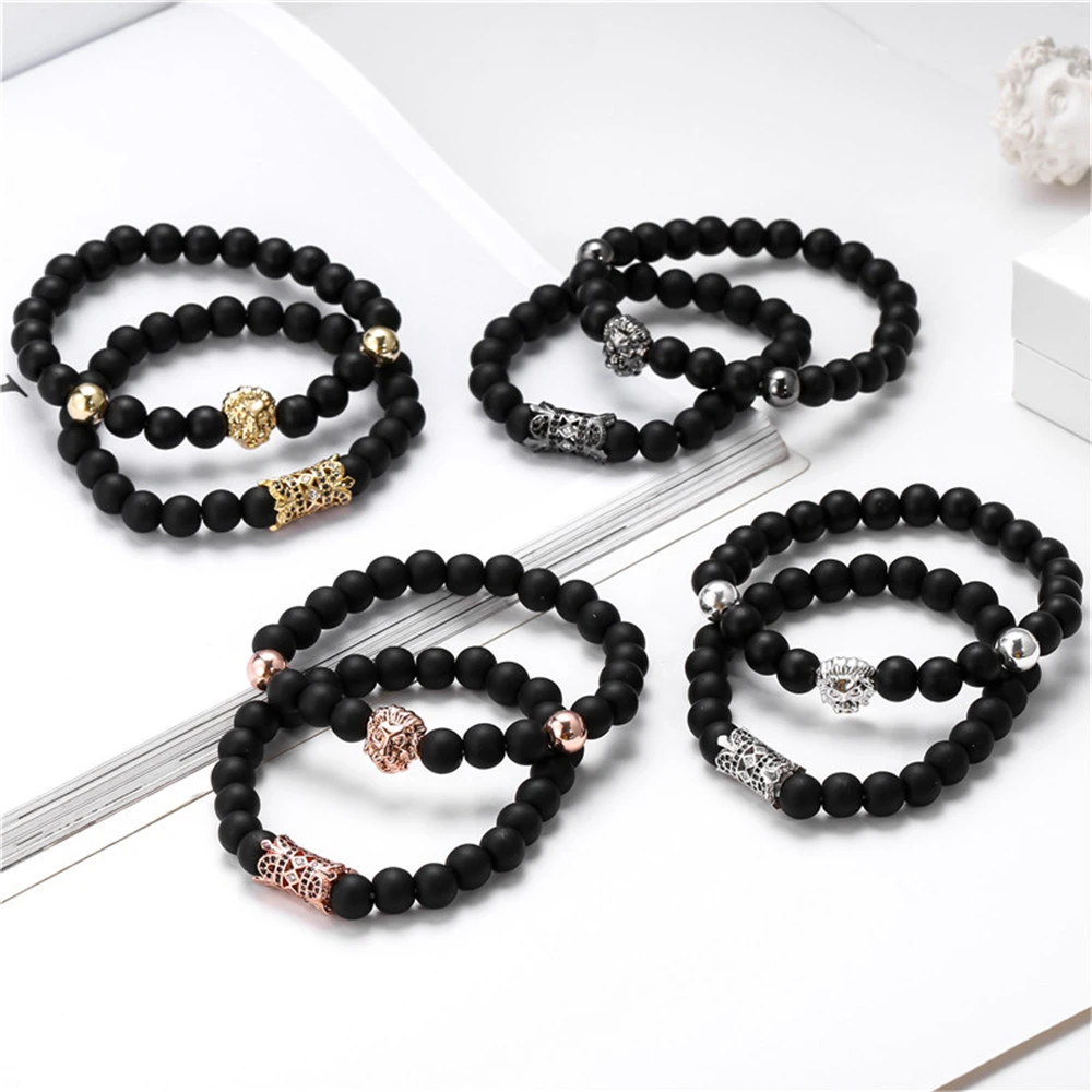 Black Frosted Copper Bead Bracelet Lion's Head Micro-inlaid Round Tube Wristband Bracelet Set