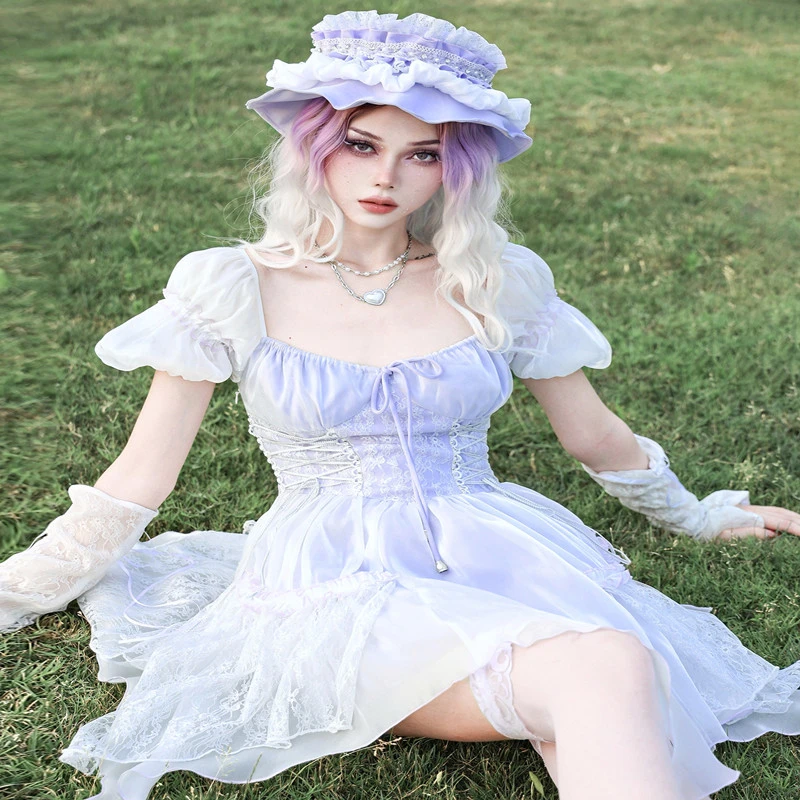 Puff Sleeve Lace Panel Romantic French Dress