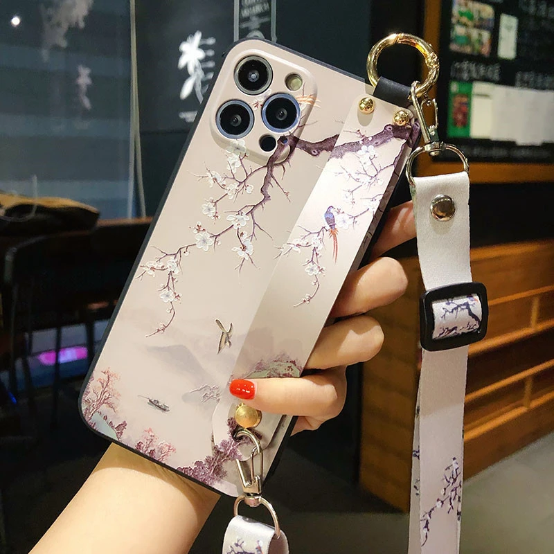 Crossbody Wrist Strap Bracket Phone Case Retro Flower