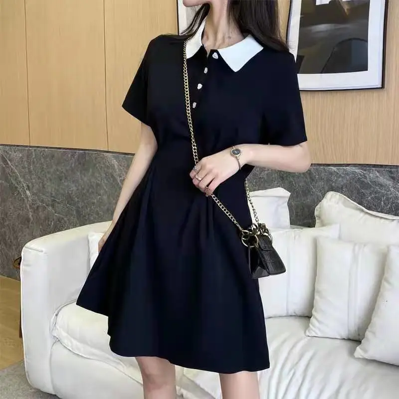 Niche Small Polo Collar Black Waist Dress Female Hepburn Black Dress