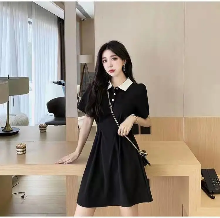 Niche Small Polo Collar Black Waist Dress Female Hepburn Black Dress