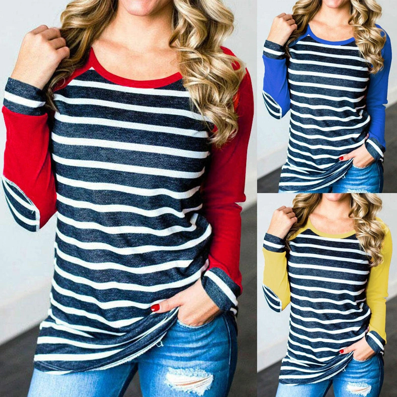 Women's Pullover Striped T Shirt Hot Sale European And American Casual Contrast Color Striped Stitching Base Shirt Autumn And Winter New SU2253