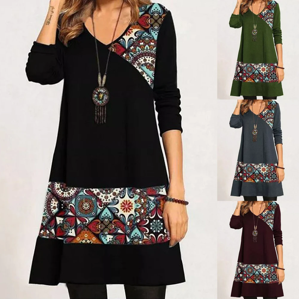 Women's Irregular Patchwork Print V-neck Long-sleeved Dress
