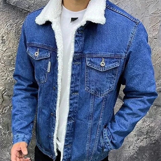 Light Blue Lamb Wool Loose Lapel Warm Denim Jacket Jacket Men